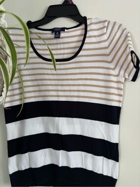 Chaps Short Sleeve Striped Knit Top in Black, White & Tan